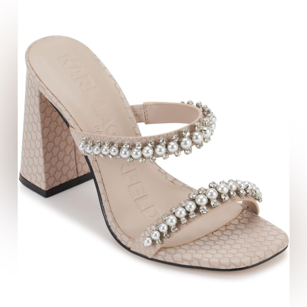 Karl Lagerfeld Paris Women’s Rayan Embellished Block Heel in Dune | 5
